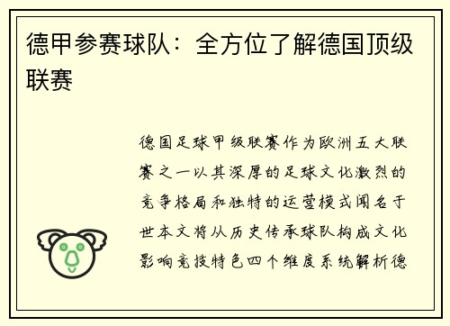 德甲参赛球队：全方位了解德国顶级联赛